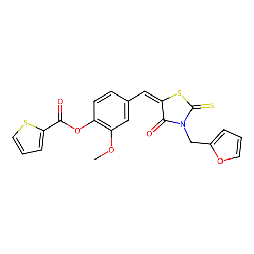 (E)-4-((3-(furan-2-ylmethyl)-4-oxo-2-thioxothiazolidin-5-ylidene)methyl)-2-methoxyphenyl thiophene-2-carboxylate structure