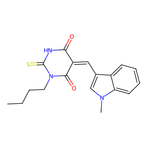 (Z)-1-butyl-5-((1-methyl-1H-indol-3-yl)methylene)-2-thioxodihydropyrimidine-4,6(1H,5H)-dione structure