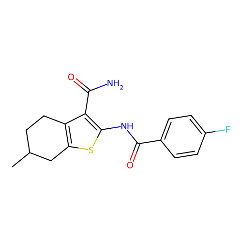 2-(4-fluorobenzamido)-6-methyl-4,5,6,7-tetrahydrobenzo[b]thiophene-3-carboxamide structure