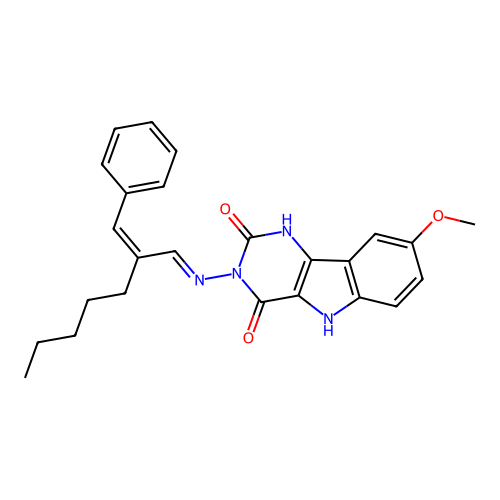 3-((E)-((Z)-2-benzylideneheptylidene)amino)-8-methoxy-1H-pyrimido[5,4-b]indole-2,4(3H,5H)-dione structure