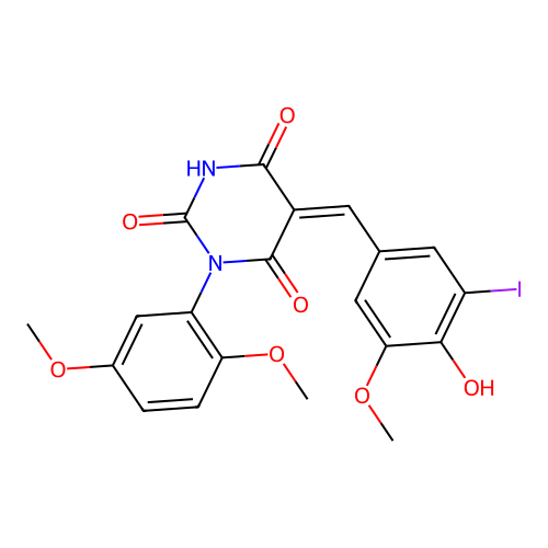 (5Z)-1-(2,5-dimethoxyphenyl)-5-(4-hydroxy-3-iodo-5-methoxybenzylidene)pyrimidine-2,4,6(1H,3H,5H)-trione structure