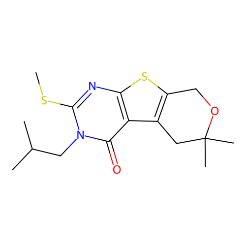 3-isobutyl-6,6-dimethyl-2-(methylthio)-5,6-dihydro-3H-pyrano[4',3':4,5]thieno[2,3-d]pyrimidin-4(8H)-one structure