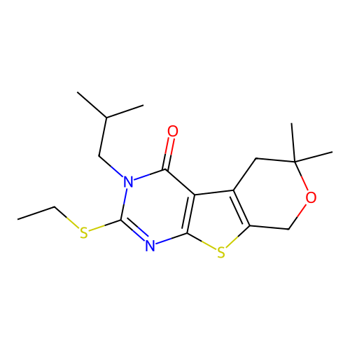 2-(ethylsulfanyl)-6,6-dimethyl-3-(2-methylpropyl)-3,5,6,8-tetrahydro-4H-pyrano[4',3':4,5]thieno[2,3-d]pyrimidin-4-one structure