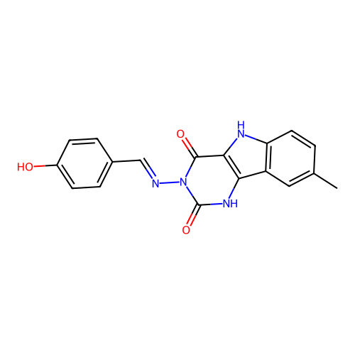 3-((4-hydroxybenzylidene)amino)-8-methyl-1H-pyrimido[5,4-b]indole-2,4(3H,5H)-dione structure