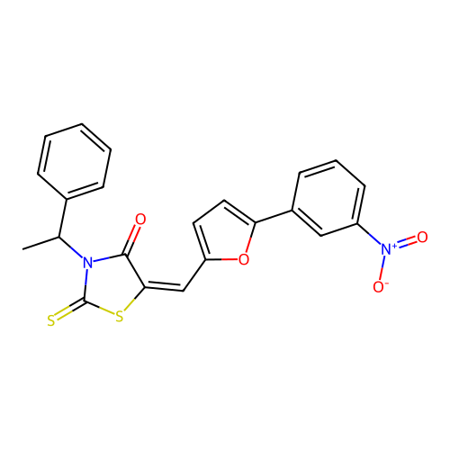 (5E)-5-[[5-(3-nitrophenyl)furan-2-yl]methylidene]-3-(1-phenylethyl)-2-sulfanylidene-1,3-thiazolidin-4-one structure