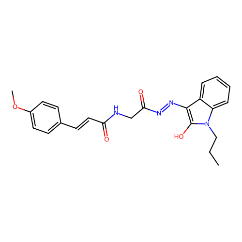 (2E)-3-(4-methoxyphenyl)-N-{2-oxo-2-[(2Z)-2-(2-oxo-1-propyl-1,2-dihydro-3H-indol-3-ylidene)hydrazinyl]ethyl}prop-2-enamide (non-preferred name) structure
