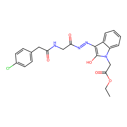 (Z)-ethyl 2-(3-(2-(2-(2-(4-chlorophenyl)acetamido)acetyl)hydrazono)-2-oxoindolin-1-yl)acetate structure