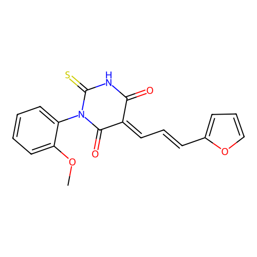 (5E)-5-[(E)-3-(furan-2-yl)prop-2-enylidene]-1-(2-methoxyphenyl)-2-sulfanylidene-1,3-diazinane-4,6-dione structure