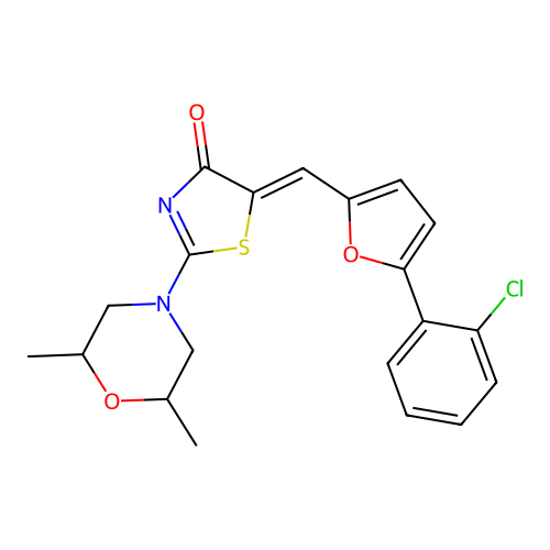 (5Z)-5-[[5-(2-chlorophenyl)furan-2-yl]methylidene]-2-(2,6-dimethylmorpholin-4-yl)-1,3-thiazol-4-one structure