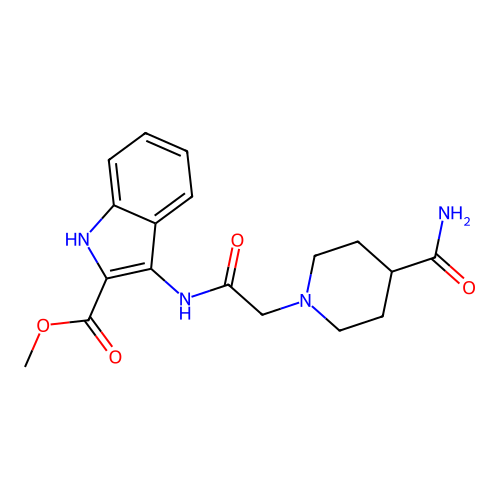 methyl 3-{[(4-carbamoylpiperidin-1-yl)acetyl]amino}-1H-indole-2-carboxylate structure