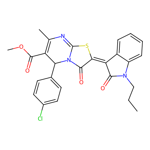 (E)-methyl 5-(4-chlorophenyl)-7-methyl-3-oxo-2-(2-oxo-1-propylindolin-3-ylidene)-3,5-dihydro-2H-thiazolo[3,2-a]pyrimidine-6-carboxylate structure
