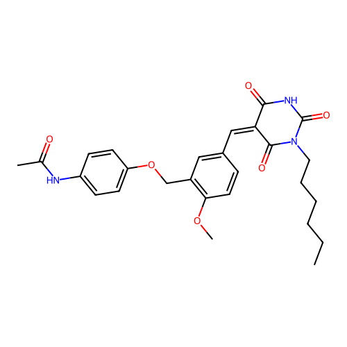 (Z)-N-(4-((5-((1-hexyl-2,4,6-trioxotetrahydropyrimidin-5(2H)-ylidene)methyl)-2-methoxybenzyl)oxy)phenyl)acetamide structure