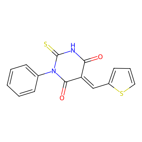 1-Phenyl-5-thiophen-2-ylmethylene-2-thioxo-dihydro-pyrimidine-4,6-dione structure