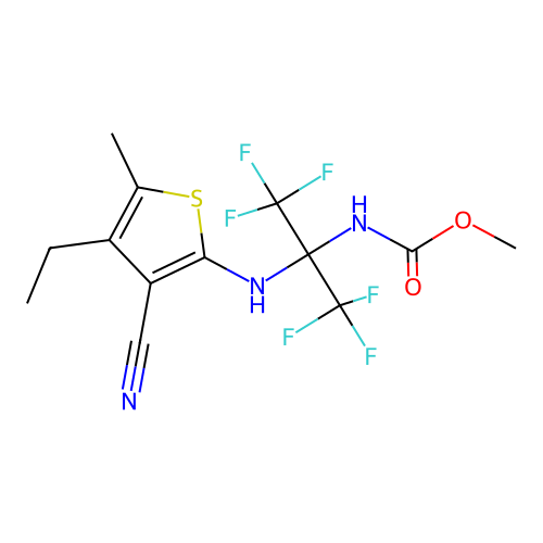 Carbamic acid, N-[1-(3-cyano-4-ethyl-5-methyl-2-thienylamino)-2,2,2-trifluoro-1-trifluoromethylethyl]-, methyl ester structure