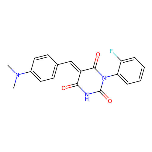 (E)-5-(4-(dimethylamino)benzylidene)-1-(2-fluorophenyl)pyrimidine-2,4,6(1H,3H,5H)-trione structure