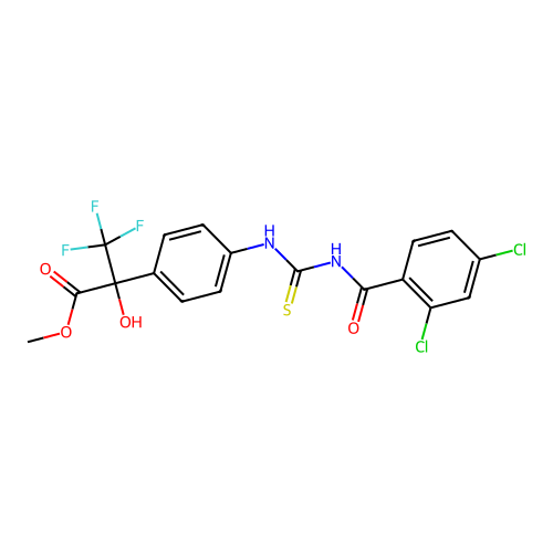 methyl 2-(4-(3-(2,4-dichlorobenzoyl)thioureido)phenyl)-3,3,3-trifluoro-2-hydroxypropanoate structure