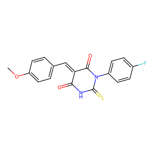 (5E)-1-(4-fluorophenyl)-5-[(4-methoxyphenyl)methylidene]-2-sulfanylidene-1,3-diazinane-4,6-dione structure
