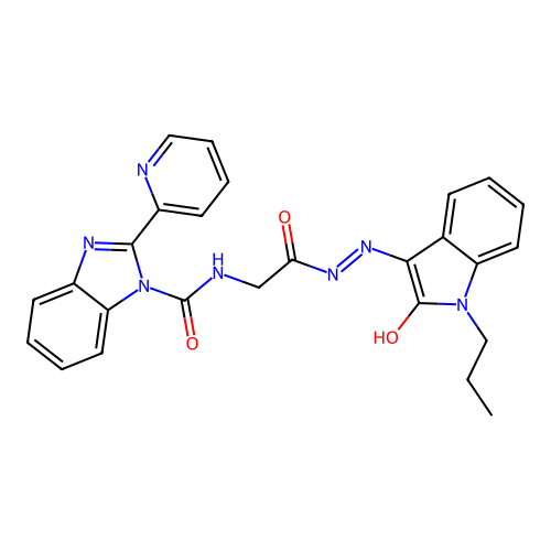 (Z)-N-(2-oxo-2-(2-(2-oxo-1-propylindolin-3-ylidene)hydrazinyl)ethyl)-2-(pyridin-2-yl)-1H-benzo[d]imidazole-1-carboxamide structure