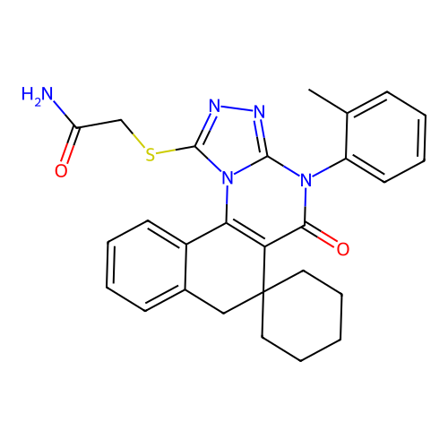 2-((5-oxo-4-(o-tolyl)-5,7-dihydro-4H-spiro[benzo[h][1,2,4]triazolo[4,3-a]quinazoline-6,1'-cyclohexan]-1-yl)thio)acetamide structure