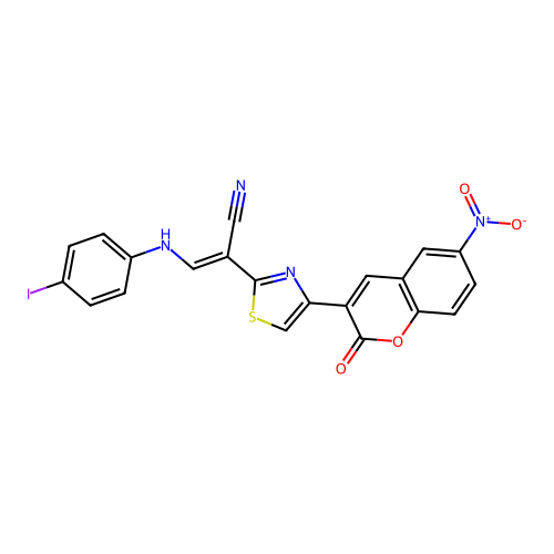 (2E)-3-[(4-iodophenyl)amino]-2-[4-(6-nitro-2-oxo-2H-chromen-3-yl)-1,3-thiazol-2-yl]prop-2-enenitrile structure