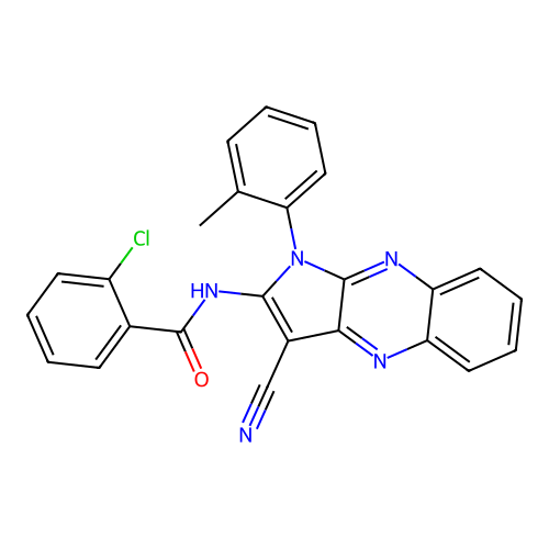 2-chloro-N-(3-cyano-1-(o-tolyl)-1H-pyrrolo[2,3-b]quinoxalin-2-yl)benzamide structure