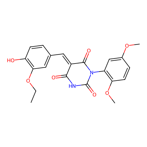 (E)-1-(2,5-dimethoxyphenyl)-5-(3-ethoxy-4-hydroxybenzylidene)pyrimidine-2,4,6(1H,3H,5H)-trione structure