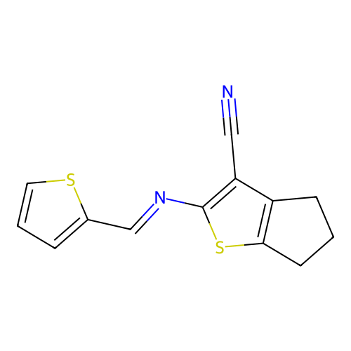 (E)-2-((thiophen-2-ylmethylene)amino)-5,6-dihydro-4H-cyclopenta[b]thiophene-3-carbonitrile structure
