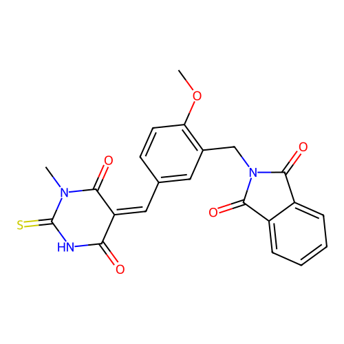 (Z)-2-(2-methoxy-5-((1-methyl-4,6-dioxo-2-thioxotetrahydropyrimidin-5(2H)-ylidene)methyl)benzyl)isoindoline-1,3-dione structure