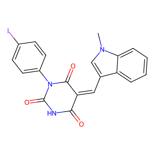 (Z)-1-(4-iodophenyl)-5-((1-methyl-1H-indol-3-yl)methylene)pyrimidine-2,4,6(1H,3H,5H)-trione structure