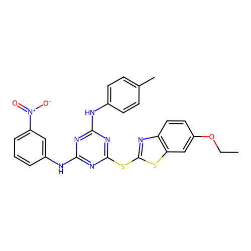 6-((6-ethoxybenzo[d]thiazol-2-yl)thio)-N2-(3-nitrophenyl)-N4-(p-tolyl)-1,3,5-triazine-2,4-diamine structure