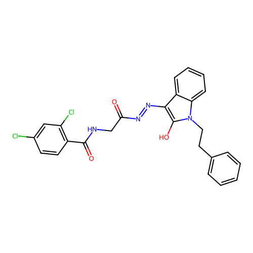 2,4-dichloro-N-[[(2-oxo-1-phenethyl-indol-3-ylidene)amino]carbamoylmethyl]benzamide structure
