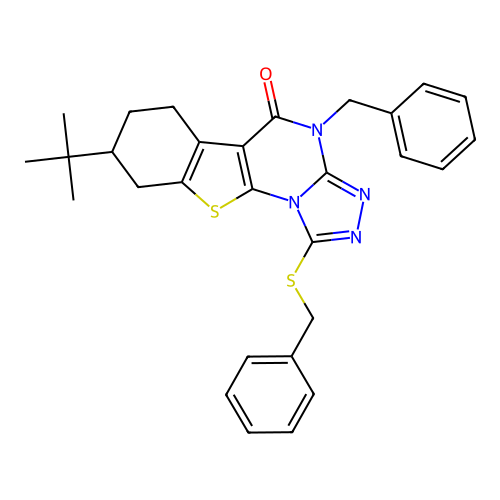 4-benzyl-1-(benzylsulfanyl)-8-tert-butyl-6,7,8,9-tetrahydro[1]benzothieno[3,2-e][1,2,4]triazolo[4,3-a]pyrimidin-5(4H)-one structure