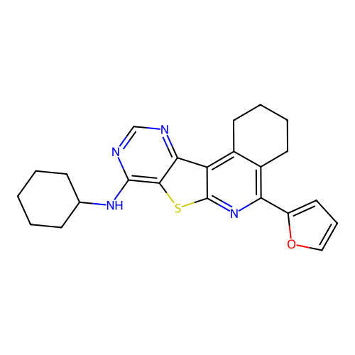 N-cyclohexyl-5-(furan-2-yl)-1,2,3,4-tetrahydropyrimido[4',5':4,5]thieno[2,3-c]isoquinolin-8-amine structure