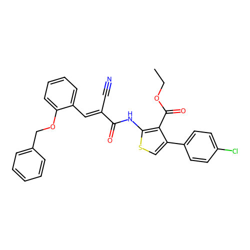 (E)-ethyl 2-(3-(2-(benzyloxy)phenyl)-2-cyanoacrylamido)-4-(4-chlorophenyl)thiophene-3-carboxylate structure