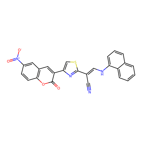 (2E)-3-(naphthalen-1-ylamino)-2-[4-(6-nitro-2-oxo-2H-chromen-3-yl)-1,3-thiazol-2-yl]prop-2-enenitrile structure