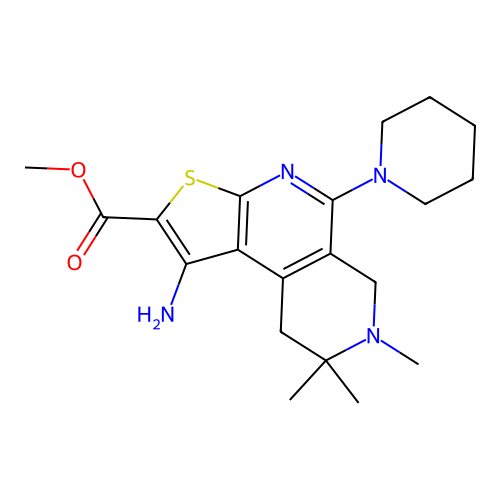 methyl 1-amino-7,8,8-trimethyl-5-(piperidin-1-yl)-6,7,8,9-tetrahydrothieno[2,3-c][2,7]naphthyridine-2-carboxylate structure