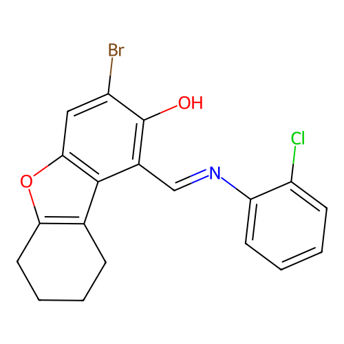 (1E)-3-bromo-1-[(2-chloroanilino)methylidene]-6,7,8,9-tetrahydrodibenzofuran-2-one structure