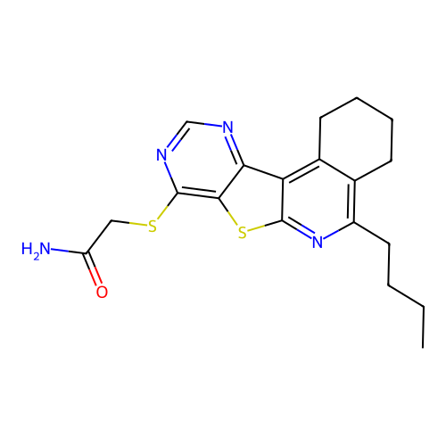 2-((5-butyl-1,2,3,4-tetrahydropyrimido[4',5':4,5]thieno[2,3-c]isoquinolin-8-yl)thio)acetamide structure