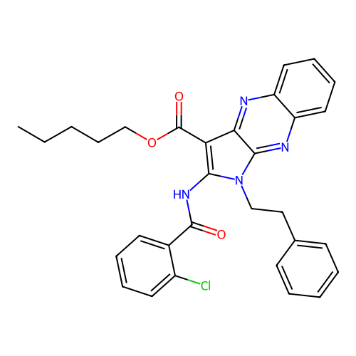 pentyl 2-(2-chlorobenzamido)-1-phenethyl-1H-pyrrolo[2,3-b]quinoxaline-3-carboxylate structure