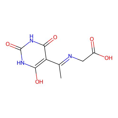 N-[(1E)-1-(2,6-dihydroxy-4-oxopyrimidin-5(4H)-ylidene)ethyl]glycine structure