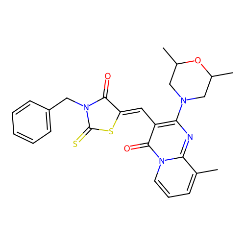3-[(Z)-(3-benzyl-4-oxo-2-thioxo-1,3-thiazolidin-5-ylidene)methyl]-2-(2,6-dimethylmorpholin-4-yl)-9-methyl-4H-pyrido[1,2-a]pyrimidin-4-one structure