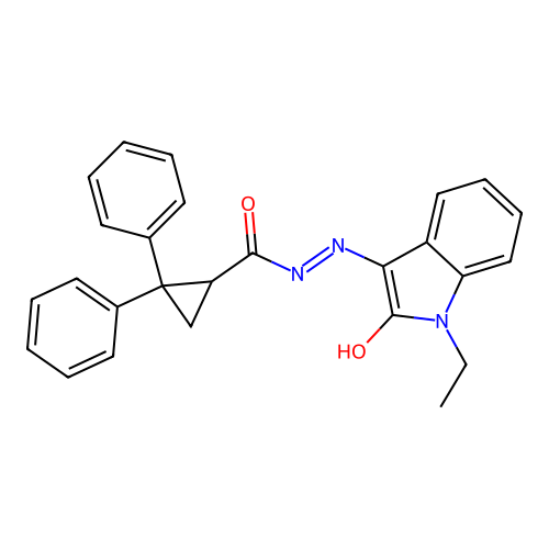(Z)-N'-(1-ethyl-2-oxoindolin-3-ylidene)-2,2-diphenylcyclopropanecarbohydrazide structure