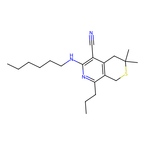6-(hexylamino)-3,3-dimethyl-8-propyl-3,4-dihydro-1H-thiopyrano[3,4-c]pyridine-5-carbonitrile structure