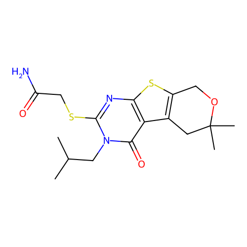2-((3-isobutyl-6,6-dimethyl-4-oxo-4,5,6,8-tetrahydro-3H-pyrano[4',3':4,5]thieno[2,3-d]pyrimidin-2-yl)thio)acetamide structure