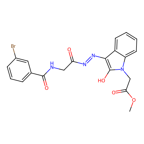 methyl 2-(3-(2-(2-(3-bromobenzamido)acetyl)hydrazono)-2-oxoindolin-1-yl)acetate structure