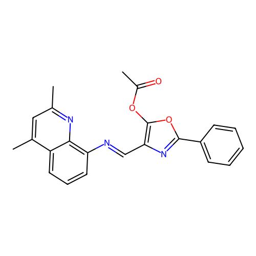 (E)-4-(((2,4-dimethylquinolin-8-yl)imino)methyl)-2-phenyloxazol-5-yl acetate structure