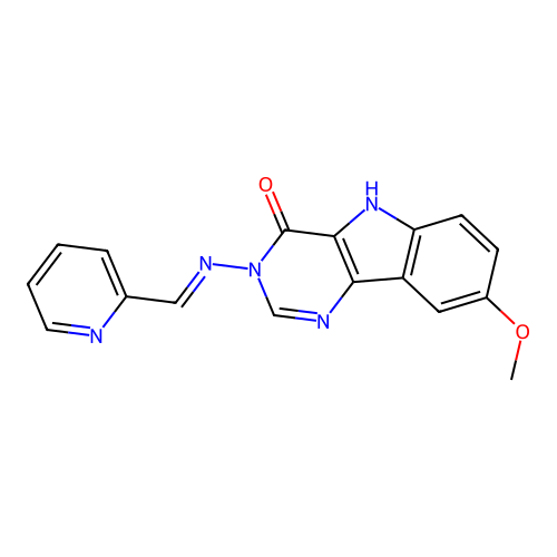 (E)-8-methoxy-3-((pyridin-2-ylmethylene)amino)-3H-pyrimido[5,4-b]indol-4(5H)-one structure