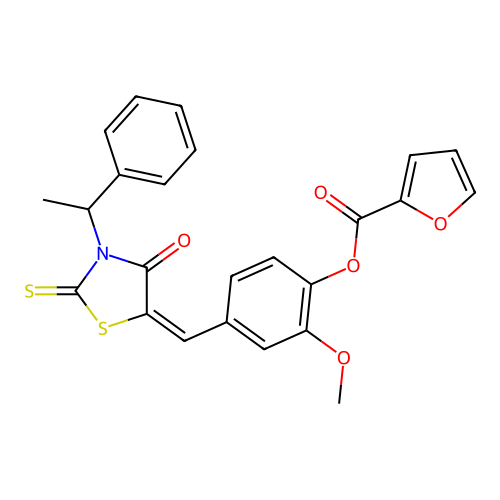 2-methoxy-4-{(E)-[4-oxo-3-(1-phenylethyl)-2-thioxo-1,3-thiazolidin-5-ylidene]methyl}phenyl furan-2-carboxylate structure