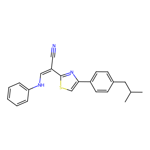 (Z)-2-(4-(4-isobutylphenyl)thiazol-2-yl)-3-(phenylamino)acrylonitrile structure
