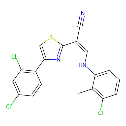 (2Z)-3-[(3-chloro-2-methylphenyl)amino]-2-[4-(2,4-dichlorophenyl)-1,3-thiazol-2-yl]prop-2-enenitrile structure